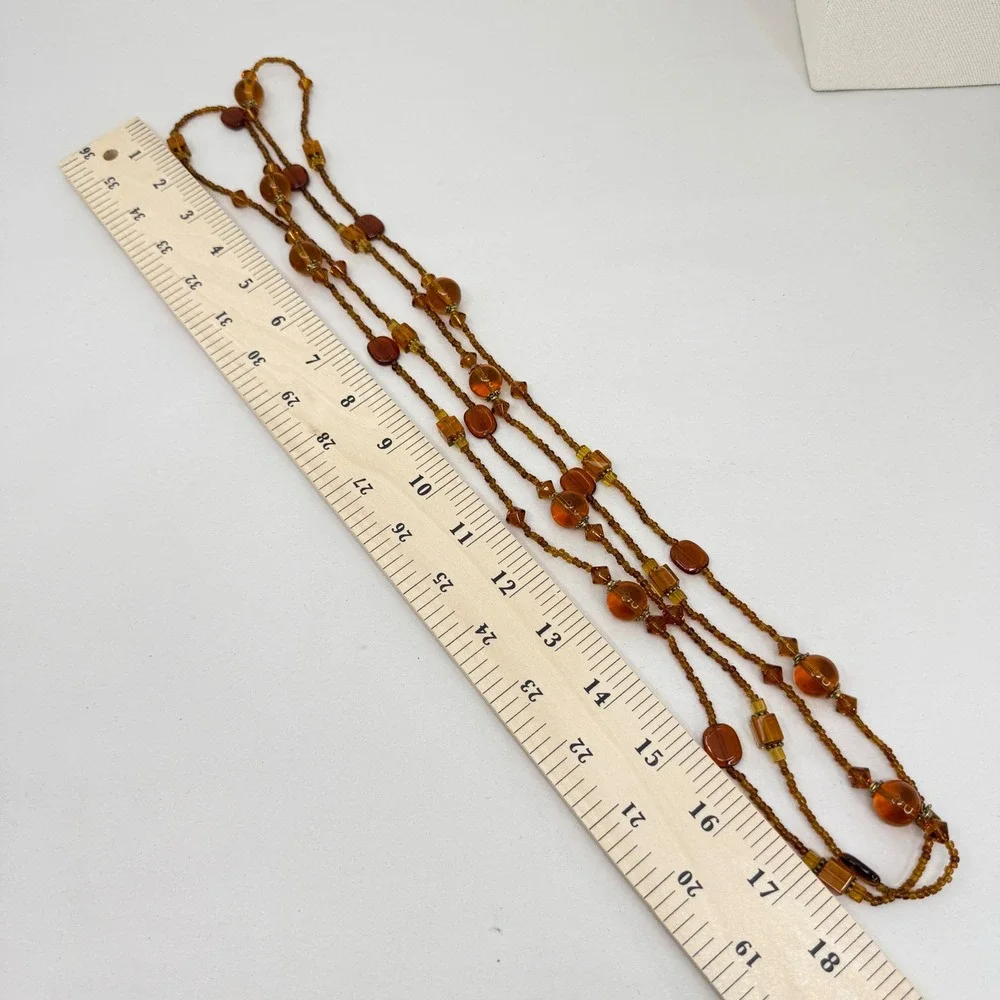 Long Amber Toned Beaded Necklace Geometric Glass Honey Cognac Brown Flapper 72in